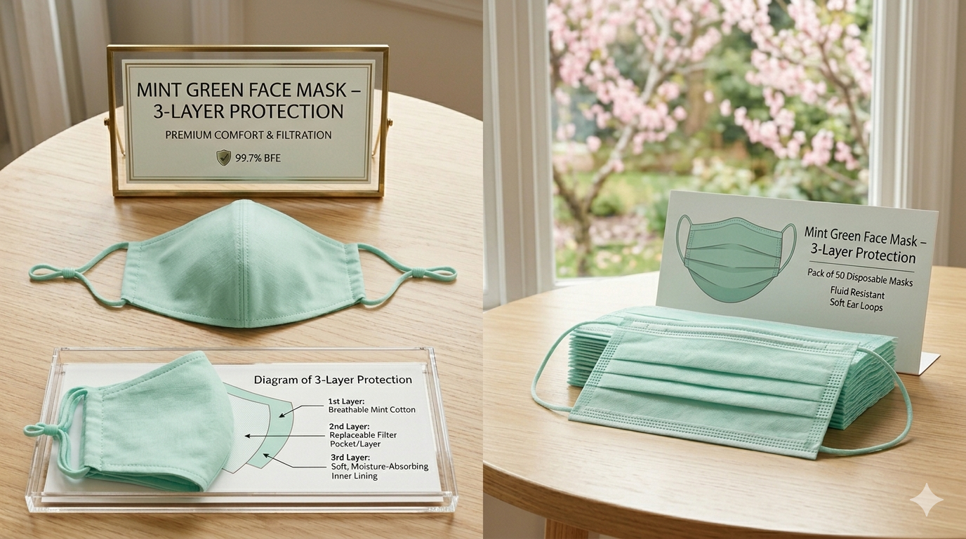 Mint Green Face Mask – 3-Layer Protection